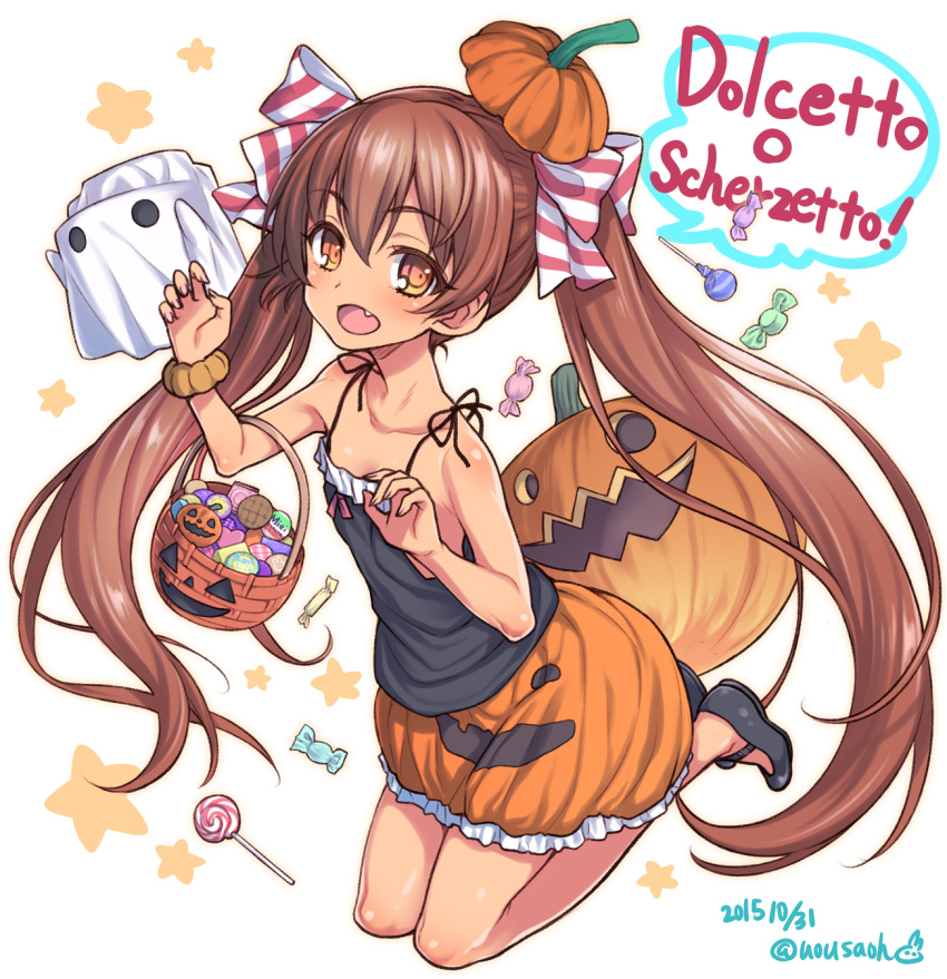 1girl :d bare_legs bare_shoulders basket blush brown_eyes brown_hair candy fang halloween hat highres italian jack-o'-lantern kantai_collection libeccio_(kantai_collection) lollipop long_hair looking_at_viewer open_mouth ribbon simple_background skirt sleeveless smile solo trick_or_treat twintails uousa