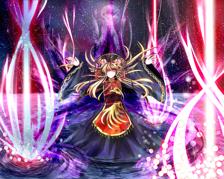 1girl angry animal_print arms_up black_dress blonde_hair commentary danmaku dress earth floating_hair flower glowing glowing_eyes gu_hu hat hat_flower highres horizon junko_(touhou) light_trail long_sleeves looking_at_viewer obi ocean open_hands red_eyes ribbon sash serious shaded_face solo space spell_card standing standing_on_water tabard touhou water wide_sleeves