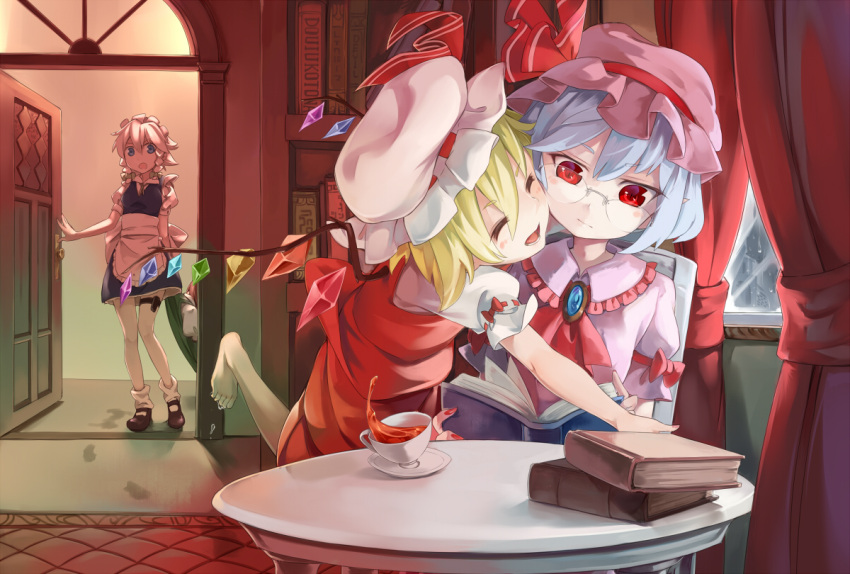 4girls apron ascot asu_tora barefoot bespectacled blue_eyes blue_hair book bookshelf braid brooch cheek-to-cheek closed_eyes commentary_request cup curtains dragging dress flandre_scarlet footprints glasses green_dress hat hat_ribbon holster hong_meiling izayoi_sakuya jewelry maid maid_headdress mob_cap multiple_girls open_clothes open_dress open_mouth puffy_short_sleeves puffy_sleeves rain reading red_dress red_eyes redhead remilia_scarlet ribbon short_sleeves siblings silver_hair sisters smile table tackle teacup thigh_holster touhou twin_braids waist_apron window wings