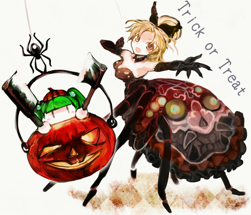 2girls :d adapted_costume alternate_hairstyle axe blonde_hair blush bow choker cleaver colored_eyelashes commentary_request dress elbow_gloves english gloves green_hair hair_bobbles hair_bun hair_ornament halloween halloween_costume insect_girl jack-o'-lantern kisume kurodani_yamame looking_at_viewer monster_girl multiple_girls open_mouth outstretched_arm sisenshyo smile spider_girl text touhou trick_or_treat twintails weapon yellow_eyes