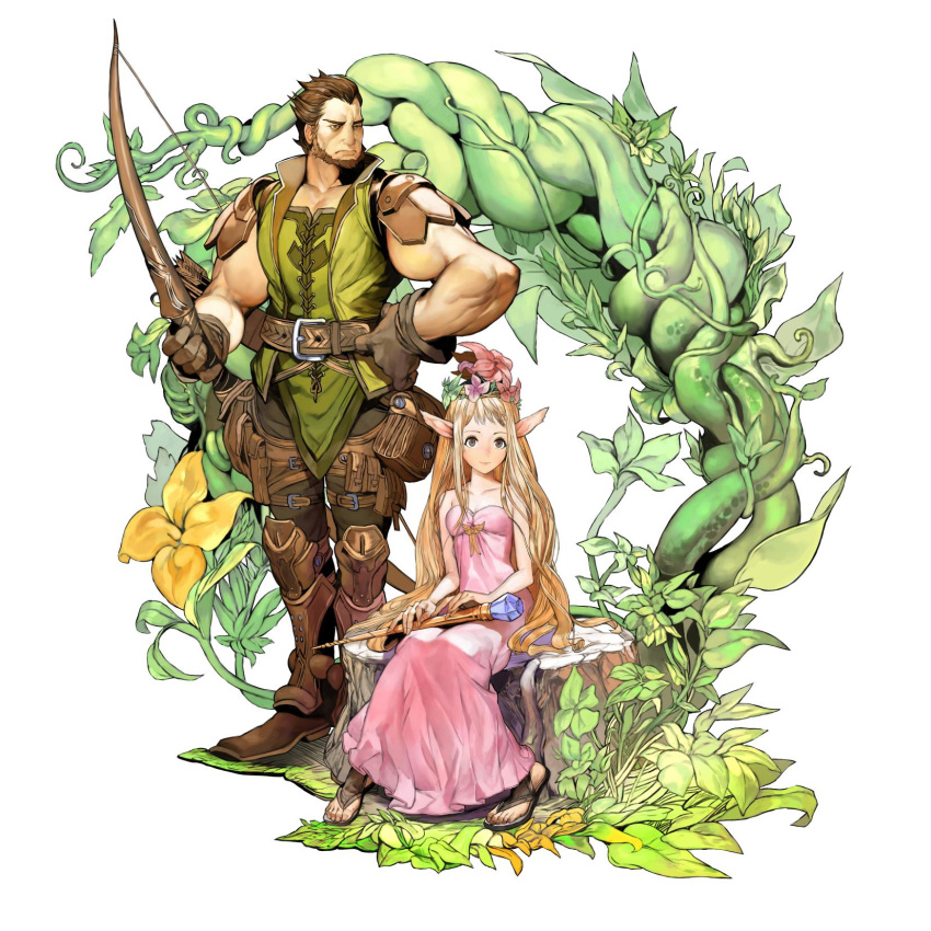 1boy 1girl artist_request bare_arms bare_shoulders beard blonde_hair boots bow brown_eyes brown_hair character_request copyright_request dress facial_hair gloves hair_ornament highres holding long_hair pink_dress pointy_ears rod sandals serious sitting sleeveless smile standing toes tree_stump vines