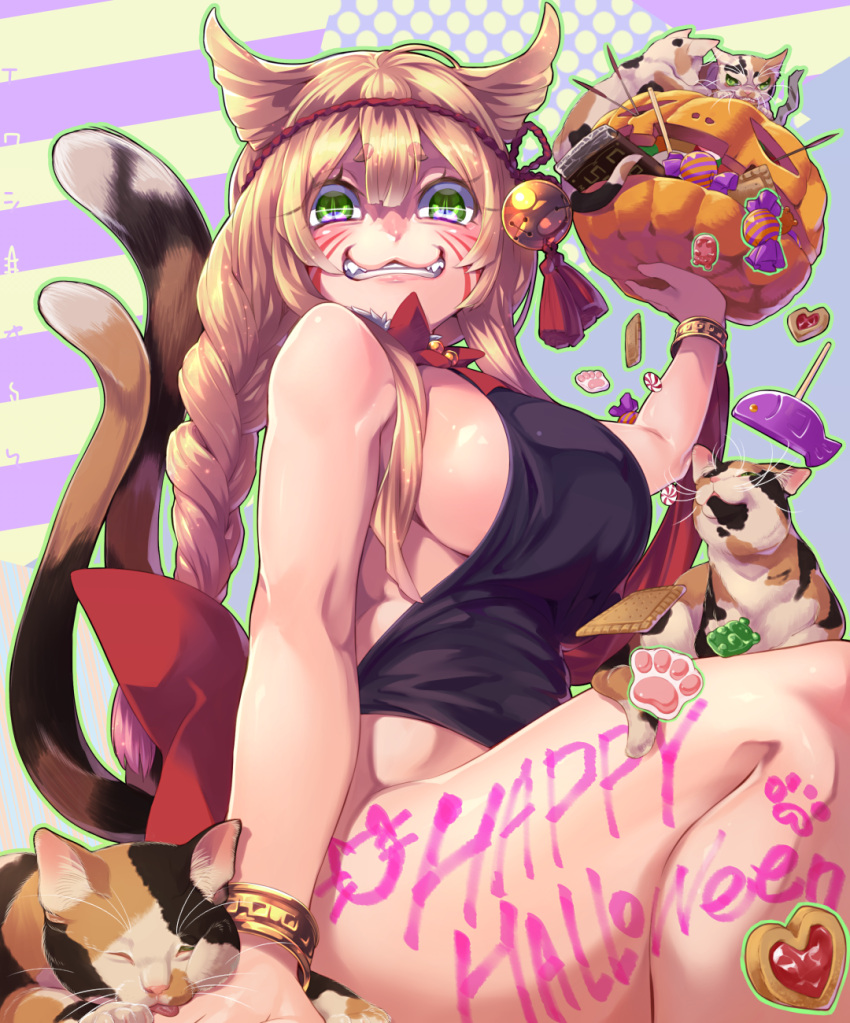 1girl :3 animal_ears blonde_hair body_writing bottomless bracelet braid breasts candy cat cat_ears cat_tail facepaint green_eyes halloween happy_halloween henkyuu_iwashi highres jack-o'-lantern jewelry large_breasts long_hair original sideboob slit_pupils solo tail wrapped_candy