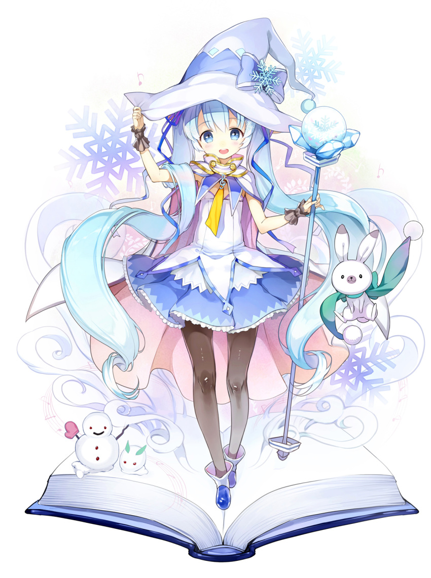 1girl blue_eyes blue_hair blush book cape cocorip hat hatsune_miku highres long_hair looking_at_viewer open_mouth pantyhose rabbit skirt snow_bunny snowflakes snowman twintails very_long_hair vocaloid wand witch_hat yuki_miku