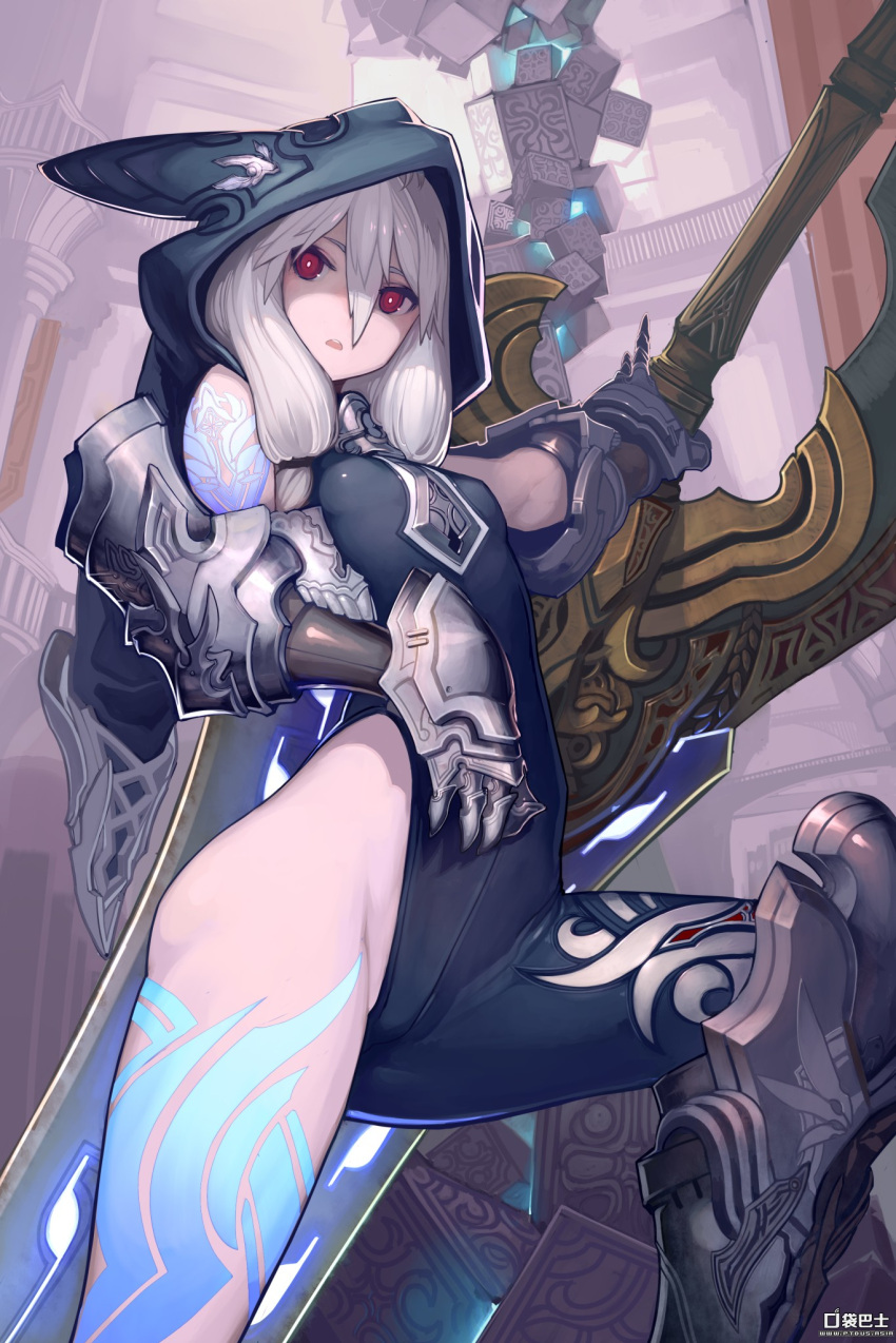 1girl :o artist_request asymmetrical_clothes bright_pupils character_request copyright_request gauntlets highres hood huge_weapon leg_armor long_hair looking_at_viewer red_eyes solo sword tattoo weapon white_hair