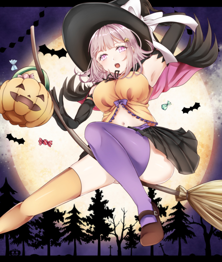 1girl :o armpits bangs bare_tree basket bat black_gloves black_hat black_ribbon black_skirt blunt_bangs blush bow breasts broom broom_riding brown_shoes candy cape crossover dangan_ronpa from_below gloves grave hair_ornament hairclip halloween hand_on_headwear hat hat_bow highres jack-o'-lantern kuramira large_breasts letterboxed looking_at_viewer mary_janes miniskirt mismatched_legwear moon nanami_chiaki navel night night_sky orange_legwear pleated_skirt pumpkin pumpkin_hair_ornament purple_bow purple_hair purple_legwear raised_hand ribbon shoes skirt sky solo striped super_dangan_ronpa_2 thigh-highs tongue tree upskirt violet_eyes white_bow witch_hat