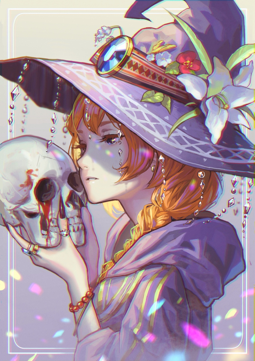 1girl absurdres bead_bracelet blood braid brown_hair earrings fingernails flower from_side hat highres holding jewelry lily_(flower) long_fingernails long_hair original parted_lips pine_(yellowpine112) ring skull solo upper_body violet_eyes witch witch_hat