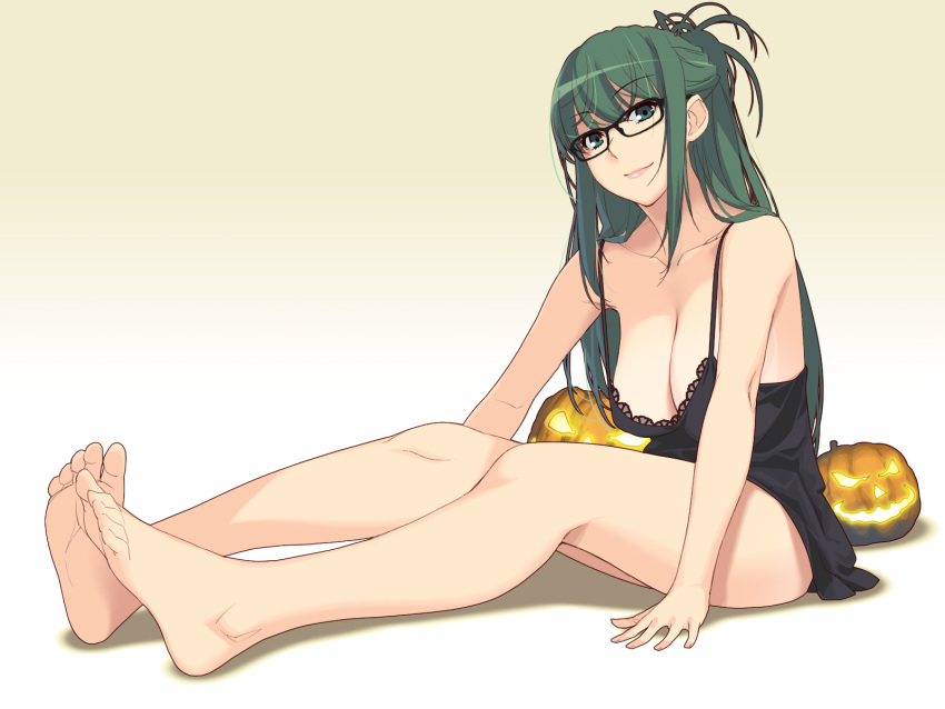 1girl barefoot black-framed_glasses breasts chemise cleavage feet glasses green_eyes green_hair highres ino jack-o'-lantern kisaragi_rei large_breasts long_hair looking_at_viewer otome_function simple_background sitting smile solo