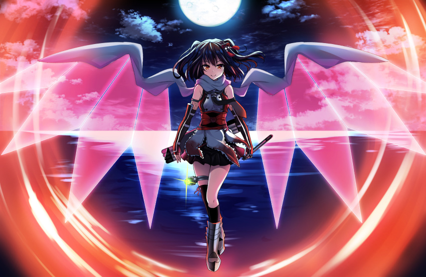 1girl armband armored_boots asymmetrical_legwear bangs black_hair black_legwear boots closed_mouth clouds code_geass detached_sleeves elbow_gloves fingerless_gloves fishnets floating full_body gloves hair_ornament highres holding_weapon kantai_collection kneehighs lens_flare long_hair miniskirt moon necktie night night_sky ocean over-kneehighs raiou red_eyes ribbon sailor_collar scarf sendai_(kantai_collection) short_hair skirt sky sleeveless smile solo thigh-highs thigh_strap transparent_wings two_side_up weapon wings