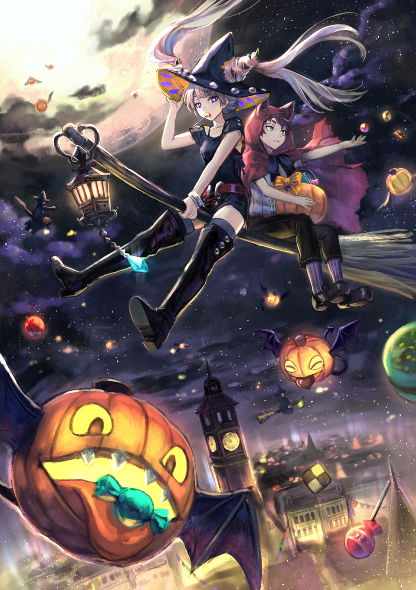 animal_ears azutarou bat_wings belt blonde_hair boots broom broom_riding brown_hair building candy chocolate chocolate_heart cloak clouds collarbone cookie demon flying food full_moon green_eyes halloween hand_on_headwear hat heart highres horns jack-o'-lantern lantern loafers lollipop moon mouth_hold night night_sky original outdoors outstretched_arm pants shirt shoes sitting sky socks star_(sky) striped striped_legwear thigh-highs thigh_boots tongue tongue_out twintails violet_eyes wings witch witch_hat wrapped_candy