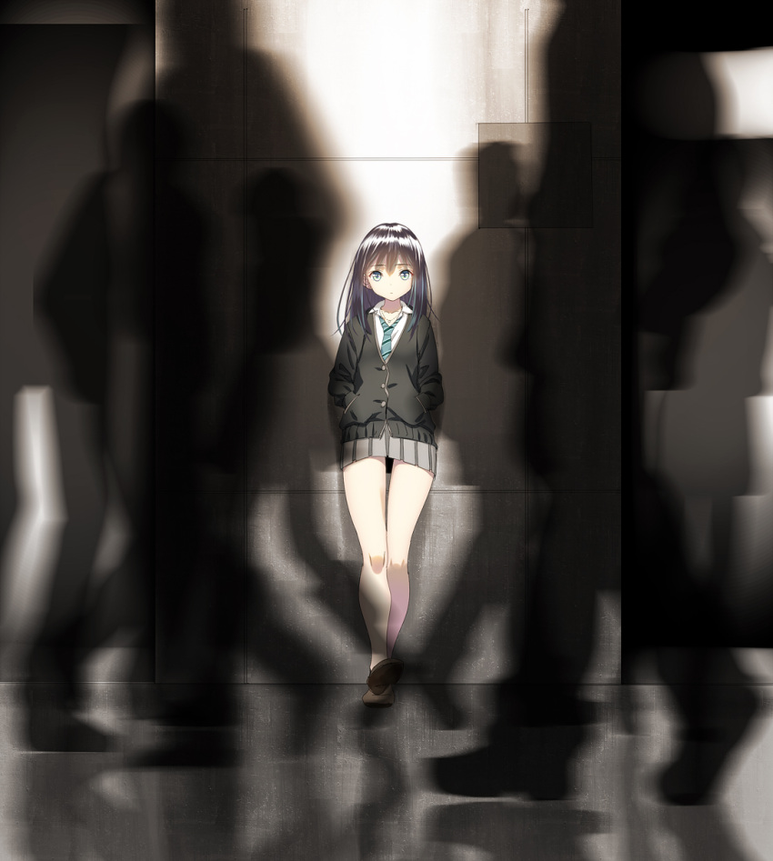 1girl against_wall bangs black_hair blue_eyes buttons cardigan collared_shirt hands_in_pockets highres idolmaster idolmaster_cinderella_girls jewelry leaning_back long_hair long_sleeves looking_at_viewer miniskirt motion_blur necklace necktie pleated_skirt school_uniform shibuya_rin shirt shoes silhouette skirt solo_focus standing striped striped_necktie waiting white_shirt yasuyuki