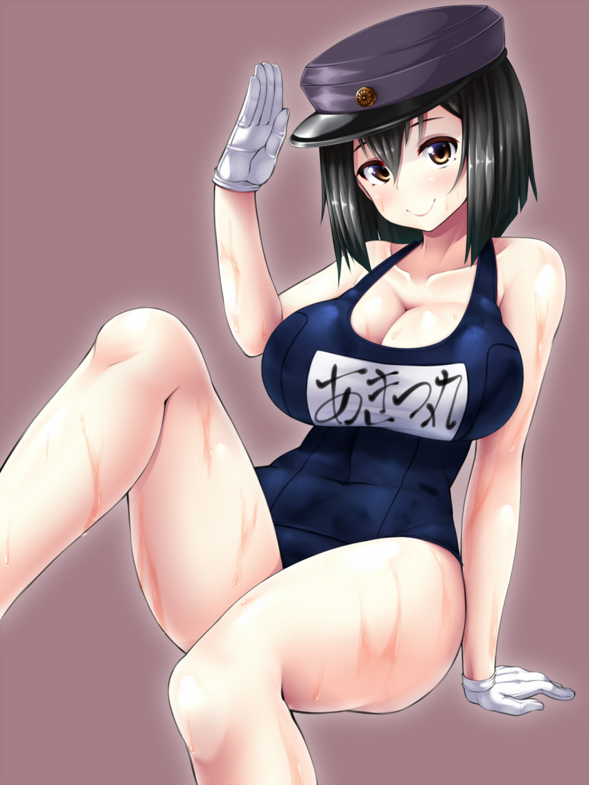 1girl akitsu_maru_(kantai_collection) amau_(kosmos) black_hair breasts brown_eyes cleavage collarbone gloves hat highres kantai_collection large_breasts looking_at_viewer military_hat salute school_swimsuit short_hair sitting smile solo swimsuit wet white_gloves