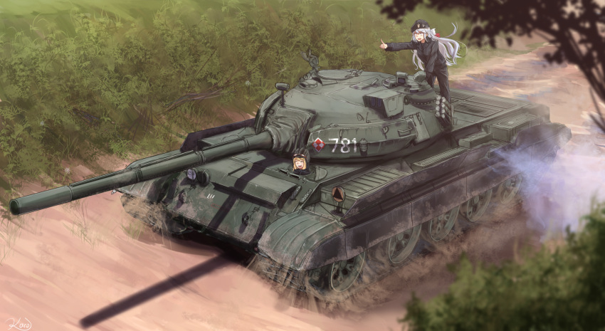 arm_support beret caterpillar_tracks closed_eyes driving dust_cloud goggles goggles_on_head hat helmet highres karo-chan long_hair military military_uniform military_vehicle original pointing poland road silver_hair smile standing t-55 tank uniform vehicle