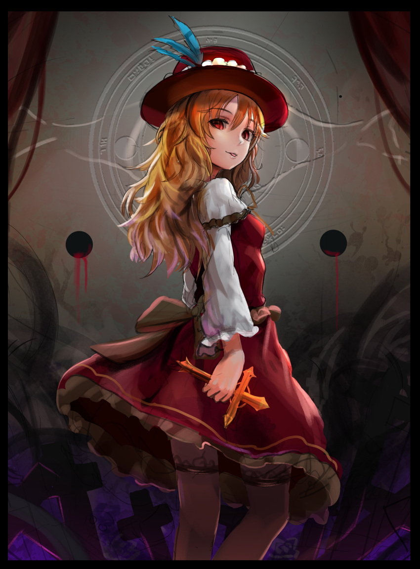 1girl absurdres blonde_hair border colored cross dikko dolls_in_pseudo_paradise dress extra hat highres long_hair long_sleeves looking_at_viewer looking_back red_dress red_eyes revision ribbon sash sketch smile solo thigh-highs tongue tongue_out touhou