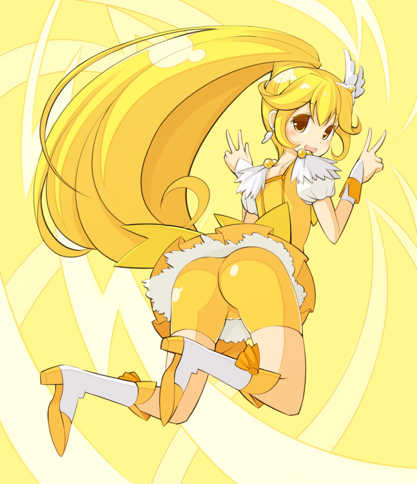 1girl ass bike_shorts blonde_hair blush cure_peace double_v highres kise_yayoi long_hair looking_at_viewer magical_girl oota_yuuichi ponytail precure smile smile_precure! solo v very_long_hair yellow_background yellow_eyes