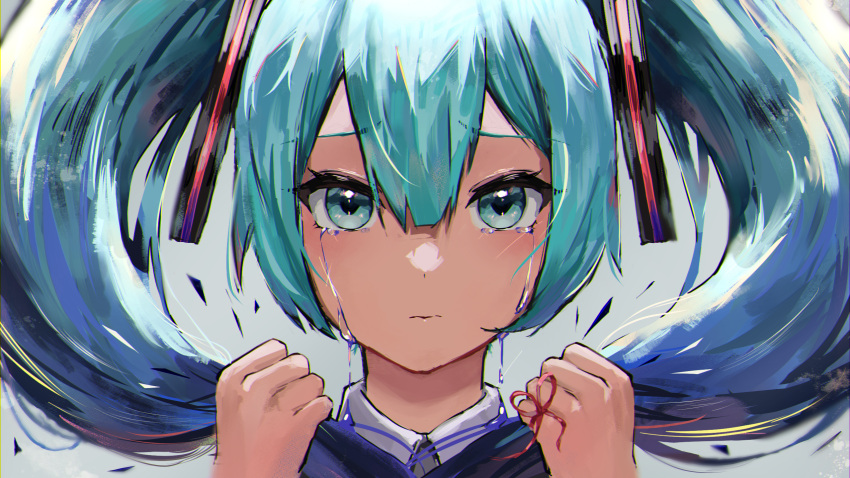 1girl bangs blue_eyes blue_hair blunt_bangs closed_mouth collarbone crying crying_with_eyes_open frown hair_ornament hatsune_miku highres holding holding_hair looking_at_viewer osumi_(rmee3837) sad solo tearing_up tears twintails vocaloid