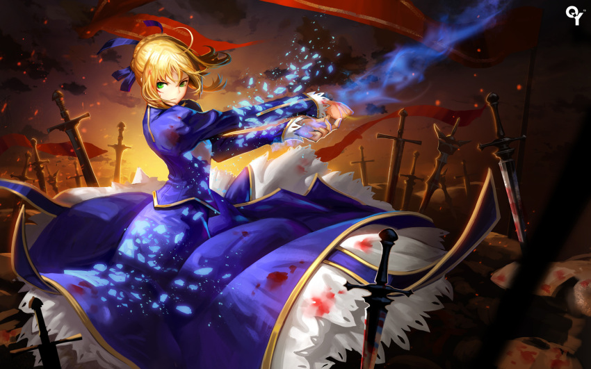 1girl ahoge banner battlefield blonde_hair blood blue_dress braid dress fate/stay_night fate_(series) green_eyes highres invisible_air liangxing looking_back multiple_swords saber shatter solo sword weapon