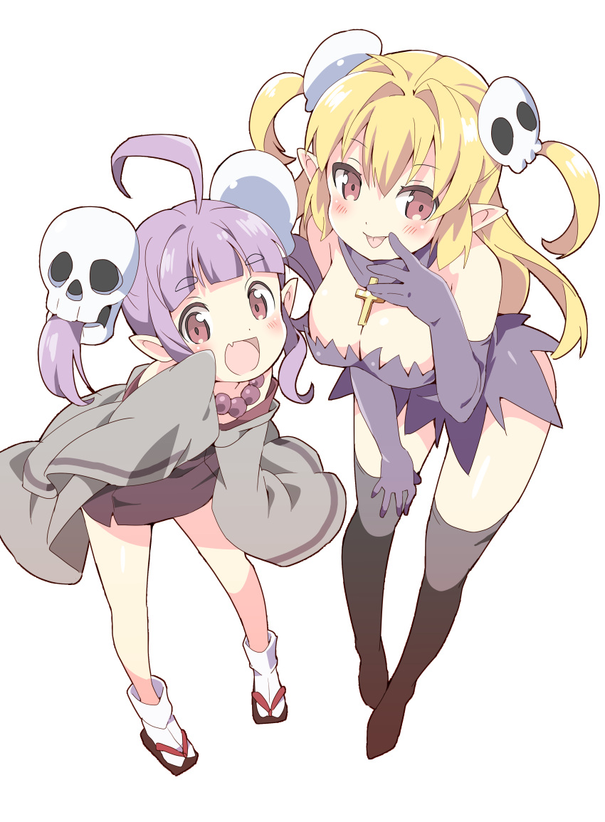 2girls :d :p absurdres ahoge black_legwear blonde_hair brown_eyes cape character_request child commentary_request copyright_request cross fang hair_ornament halloween highres jewelry multiple_girls necklace neneko-n open_mouth pointy_ears purple_hair sandals skull_hair_ornament smile socks thigh-highs tongue tongue_out twintails two_side_up white_legwear