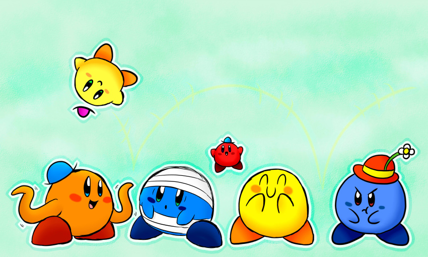 angry bandages blue blue_hat bouncing flower flower_hat kirby kirby_(series) little_miss_bossy long_arms mr._bounce mr._bump mr._happy mr._men mr._men_&amp;_little_miss mr._small mr._tickle orange_(color) pink_hat red red_hat smile yellow