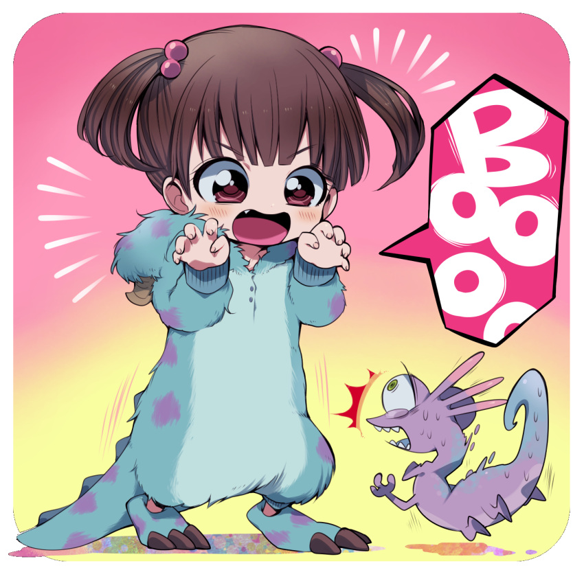 /\/\/\ 1boy 1girl boo_(monsters_inc.) brown_hair character_hood child claw_pose cosplay costume fang gradient gradient_background hair_bobbles hair_ornament highres ikuchi_osutega kigurumi monster monsters_inc. pink_eyes randall_boggs scared short_twintails twintails