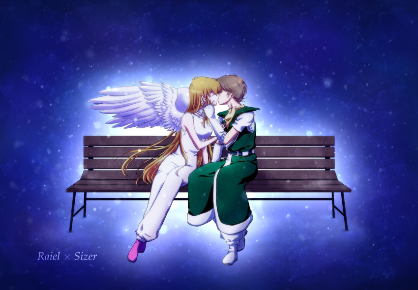 1boy 1girl bangs belt bench blonde_hair blue_background bodysuit boots brown_hair character_name couple feathered_wings fingerless_gloves gloves gradient gradient_background hand_on_another's_face hapiko hetero highres kiss long_hair raiel short_hair short_sleeves sitting sizer sleeveless snowing very_long_hair violinist_of_hameln white_wings wings