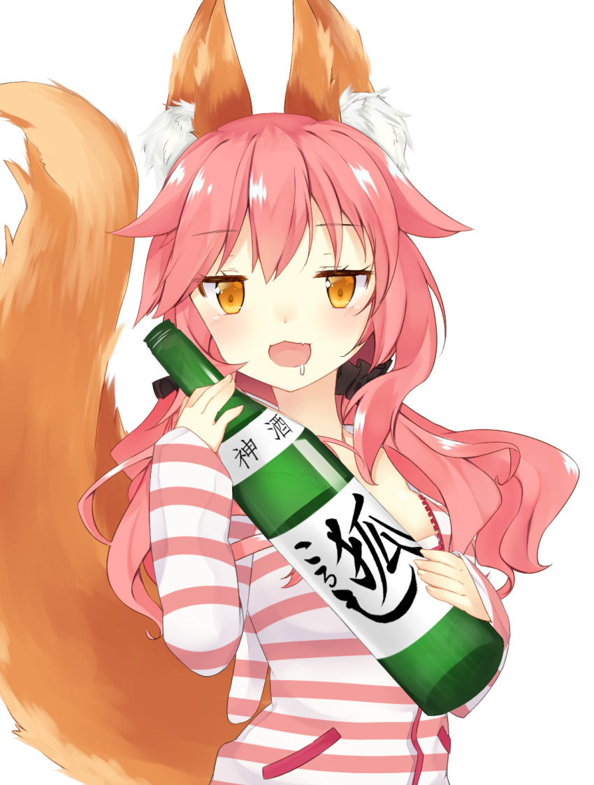 1girl alcohol animal_ears bare_shoulders blush bra breasts caster_(fate/extra) fate/extra fate_(series) fox_ears fox_tail hair_ribbon highres long_hair looking_at_viewer open_mouth pink_bra pink_hair ribbon sake saliva simple_background solo tail twintails underwear white_background yellow_eyes