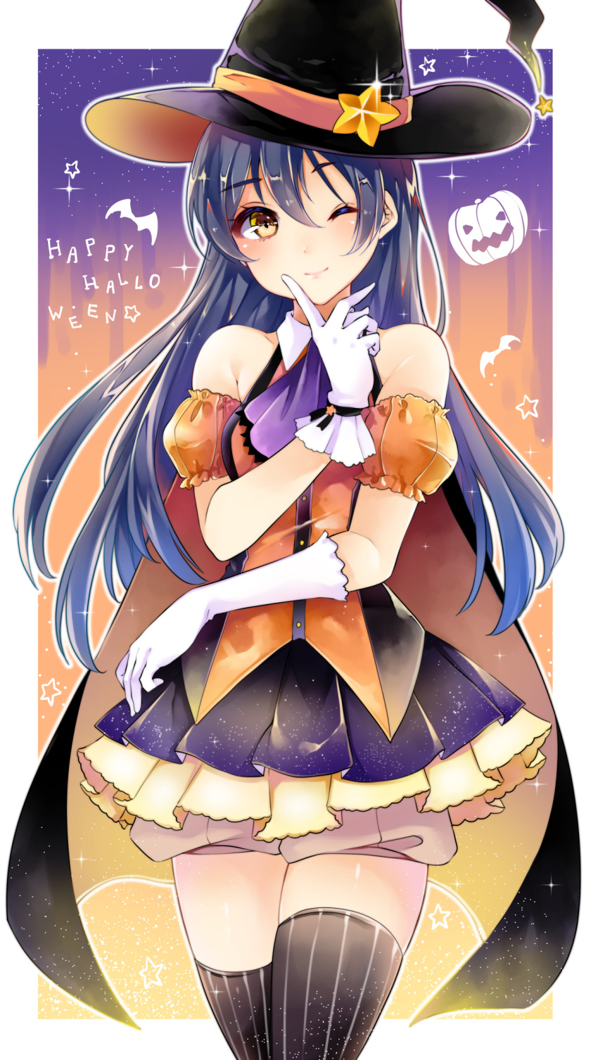 1girl akit_(15jamjam) blue_hair cape gloves halloween hat highres long_hair love_live!_school_idol_project one_eye_closed smile solo sonoda_umi thigh-highs witch_hat yellow_eyes
