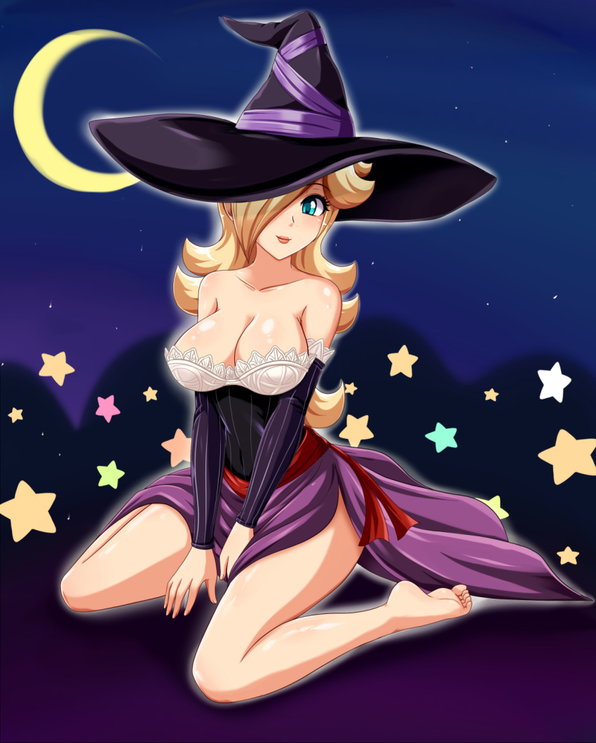 barefoot blonde_hair blue_eyes breasts cleavage detached_sleeves dragon's_crown dress hair_over_one_eye hat highres large_breasts long_hair super_mario_bros. rosetta_(mario) sigurdhosenfeld sorceress_(dragon's_crown) sorceress_(dragon's_crown)_(cosplay) strapless_dress super_mario_bros. super_mario_galaxy witch_hat