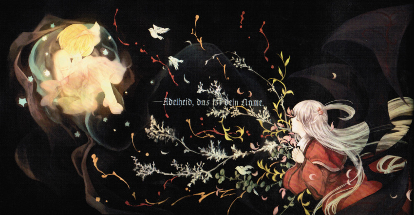 2girls alice_margatroid alice_margatroid_(pc-98) bird black_background blonde_hair capelet closed_eyes dress hair_bobbles hair_ornament hairband hanada_hyou highres long_hair long_sleeves multiple_girls profile red_dress ribbon scan shinki shirt shoes short_hair short_sleeves side_ponytail silver_hair skirt star text touhou touhou_(pc-98) wide_sleeves wings younger