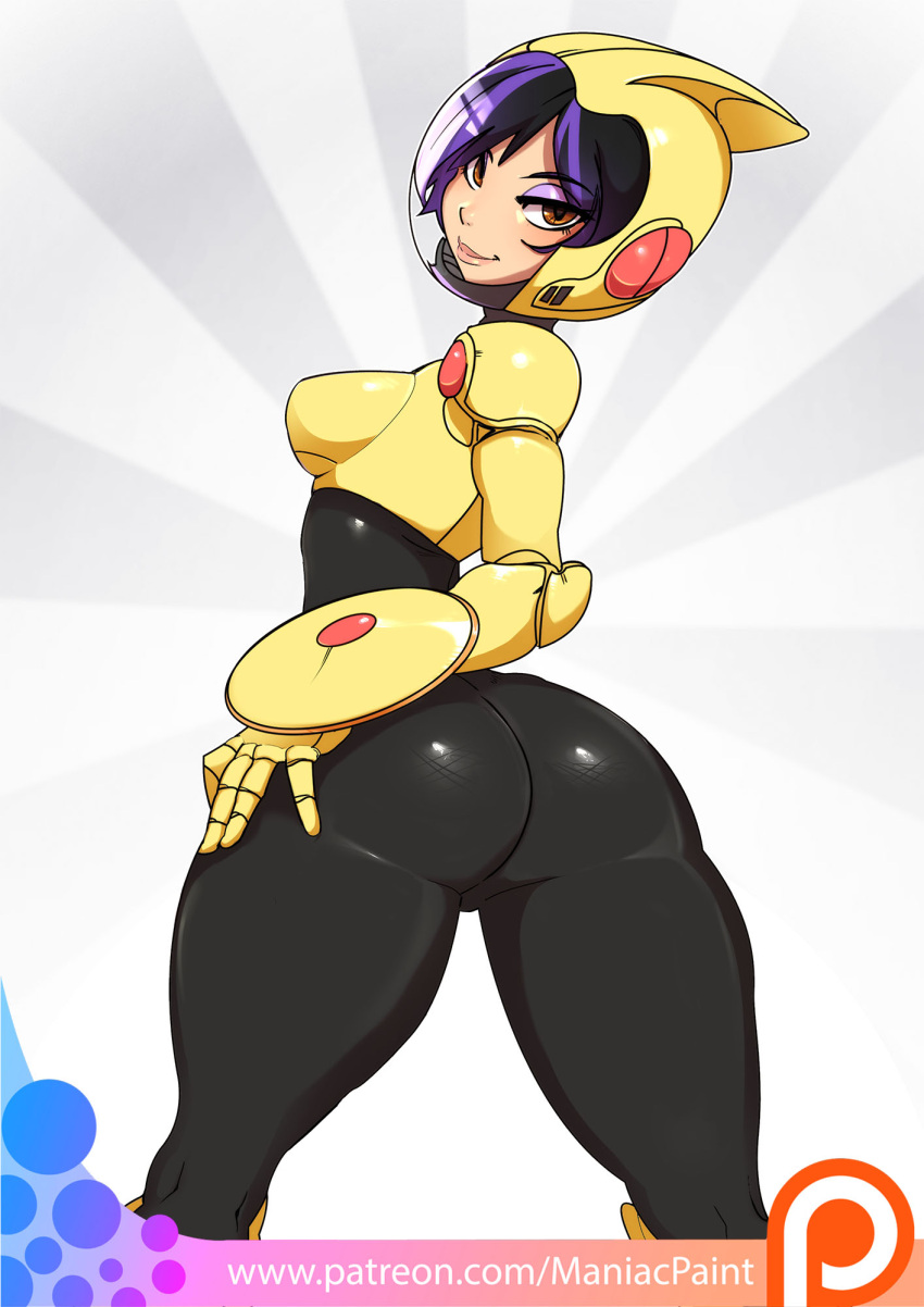1girl armor ass big_hero_6 black_hair bodysuit breasts brown_eyes collaboration cowboy_shot eyeshadow from_behind gogo_tomago hand_on_hip helmet highres lips looking_back makeup maniacpaint multicolored_hair oddmachine purple_hair short_hair skin_tight smile solo superhero thick_thighs thighs two-tone_hair