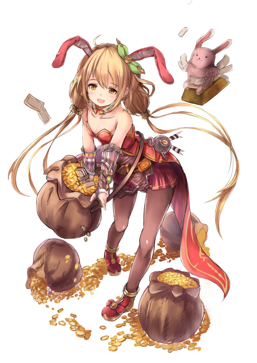 1girl :d absurdres animal_ears bare_shoulders black_legwear blonde_hair coin collarbone detached_collar dice_hair_ornament flat_chest full_body futaba_anzu gold_bar granblue_fantasy hamidashi-kun highres idolmaster idolmaster_cinderella_girls leaning_forward leaning_to_the_side long_hair low_twintails open_mouth orange_eyes pantyhose peace_symbol pleated_skirt rabbit_ears red_skirt sack shoes simple_background sketch skirt smile standing stuffed_animal stuffed_bunny stuffed_toy twintails very_long_hair white_background