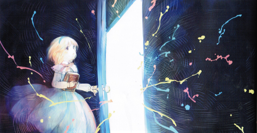 1girl alice_margatroid blonde_hair blue_dress book capelet dress hairband hanada_hyou highres long_sleeves looking_up open_door ribbon scan short_hair solo touhou