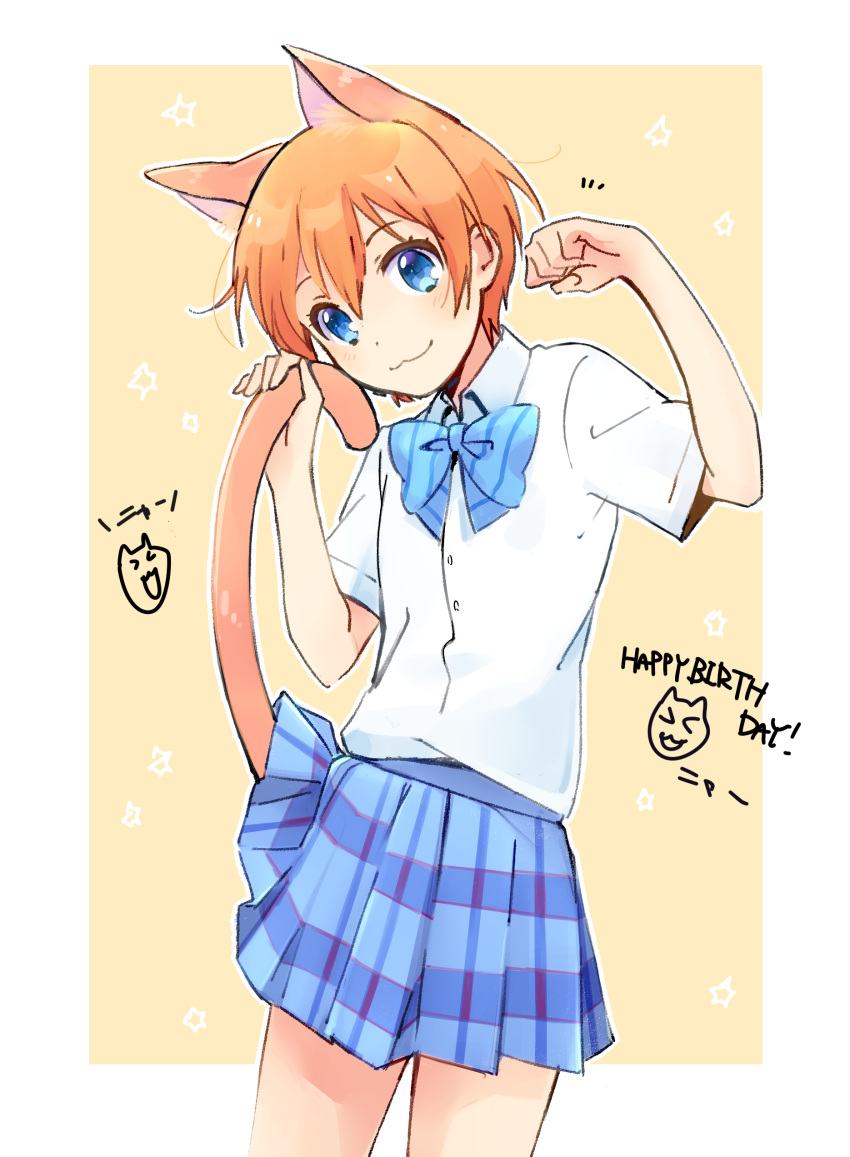 1girl :3 absurdres animal_ears blue_eyes bow cat_ears cat_tail happy_birthday highres holding_tail hoshizora_rin looking_at_viewer love_live!_school_idol_project orange_hair paw_pose pleated_skirt school_uniform shirt skirt solo standing tail urata_asao white_shirt