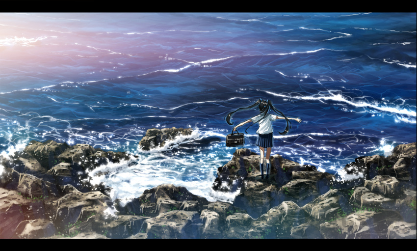 1girl bag black_hair bokuden from_behind holding letterboxed long_hair looking_afar ocean original outstretched_arms rock scenery school_bag school_uniform short_sleeves solo spread_arms twintails water waves