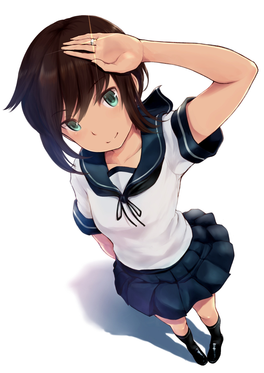 1girl absurdres aqua_eyes black_hair blush brown_hair collarbone foreshortening fubuki_(kantai_collection) glint grey_eyes highres jewelry kantai_collection looking_at_viewer neckerchief pleated_skirt ring school_uniform serafuku shirt short_hair short_sleeves sidelocks skirt smile solo wa_(genryusui) wedding_band