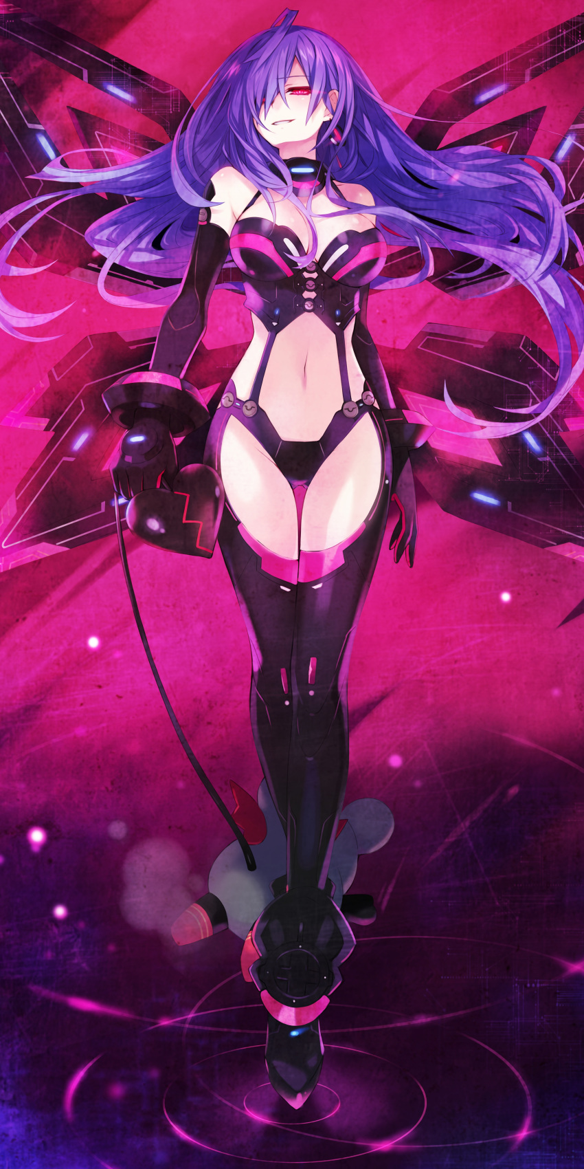1girl absurdres bare_shoulders black_gloves boots breasts choujigen_game_neptune earrings elbow_gloves gloves hair_over_one_eye heart highres holding iris_heart jewelry kami_jigen_game_neptune_v light_trail logo long_hair looking_at_viewer midriff navel neptune_(series) official_art purple_hair pururut red_eyes ripples smirk standing thigh-highs thigh_boots thigh_gap tsunako very_long_hair warechu wings