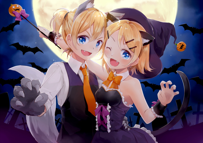 &gt;:d 1boy 1girl :d animal_ears bat blonde_hair blue_eyes bow cat_ears cat_tail claw_pose collared_shirt detached_collar dress fang full_moon gloves graveyard halloween hat jack-o'-lantern kagamine_len kagamine_rin moon natsu_(natume0504) necktie one_eye_closed open_mouth ponytail shirt short_hair smile tail vest vocaloid wand white_shirt witch_hat wolf_ears wolf_tail wrist_cuffs
