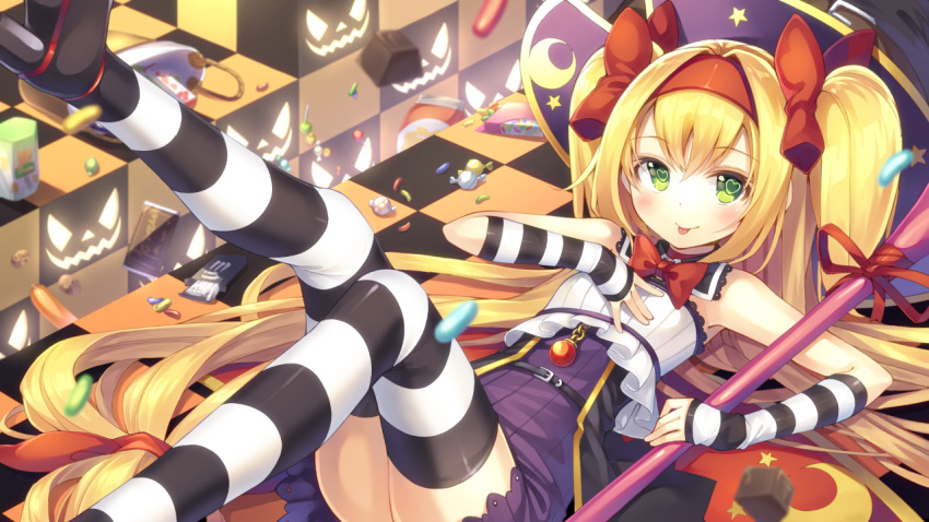 1girl :p arm_warmers bell blazblue blonde_hair blush bow commentary_request gloves green_eyes gurasion_(gurasion) hairband heart heart-shaped_pupils long_hair low-tied_long_hair lying on_back platinum_the_trinity quad_tails ribbon skirt smile solo staff striped striped_legwear symbol-shaped_pupils thigh-highs tongue tongue_out twintails two_side_up very_long_hair