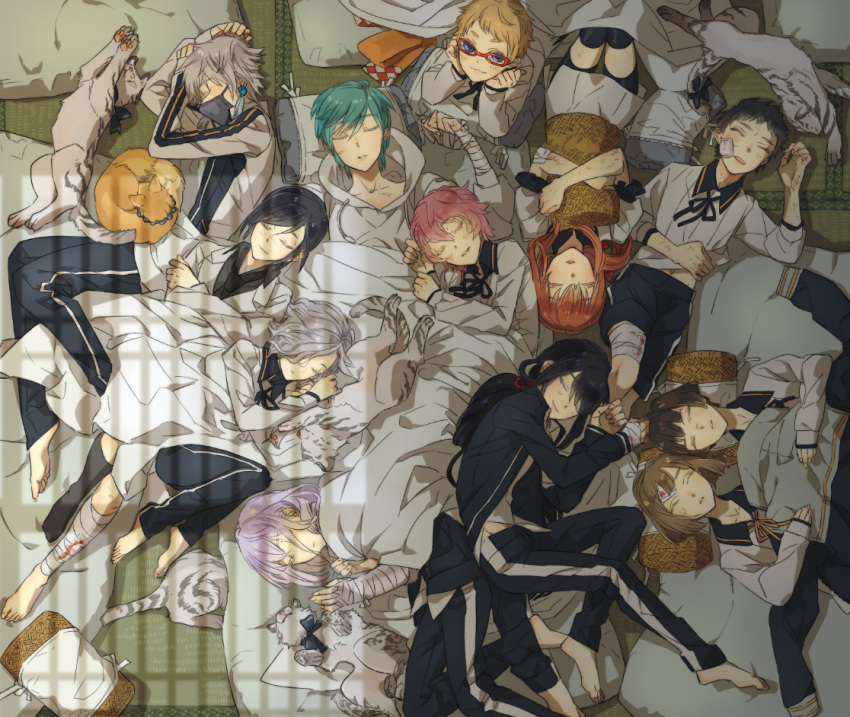 6+boys akita_toushirou aqua_hair atsushi_toushirou bandages barefoot black_hair blonde_hair blood blue_eyes brown_hair closed_eyes fox from_above glasses gokotai hakata_toushirou hirano_toushirou honebami_toushirou hoodie ichigo_hitofuri lying maeda_toushirou male_focus midare_toushirou multiple_boys nakigitsune nakigitsune's_fox namazuo_toushirou on_back on_side on_stomach pillow pink_hair red-framed_glasses shorts sleeping smile tiger tobacco_(artist) touken_ranbu track_suit white_hair white_tiger yagen_toushirou