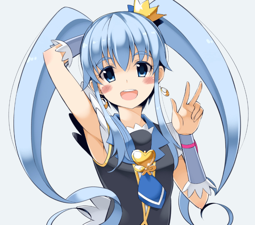 1girl arm_behind_head armpits blue_eyes blue_hair blush crown cure_princess earrings female happinesscharge_precure! jewelry long_hair looking_at_viewer magical_girl oota_yuuichi open_mouth precure shirayuki_hime smile solo twintails v