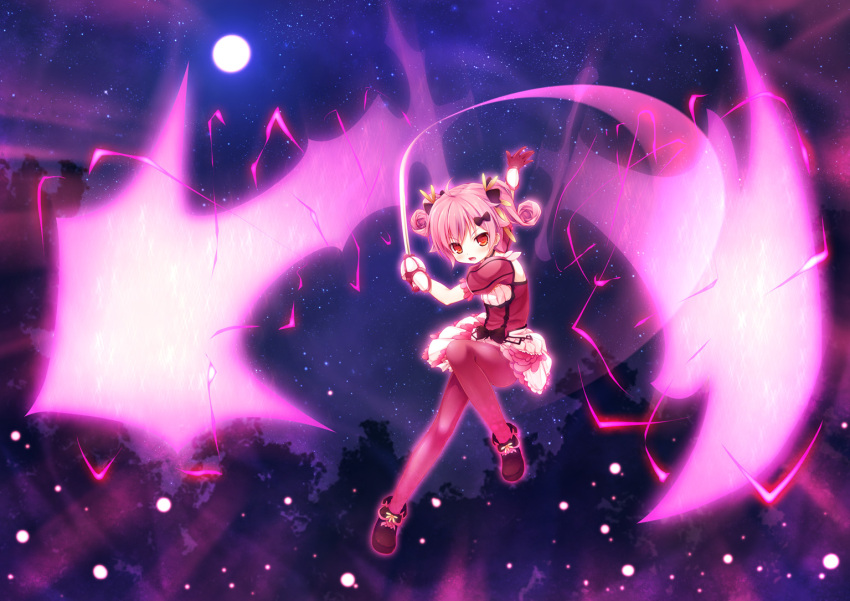 1girl action bangs black_bow boots bow daisy_(flower_knight_girl) floating flower_knight_girl gloves hair_bow hair_ornament holding_sword holding_weapon long_hair looking_at_viewer magic moon night night_sky pantyhose pink_gloves pink_hair pink_legwear red_eyes short_sleeves sky solo star_(sky) sword tree twintails weapon yuku_(kiollion)