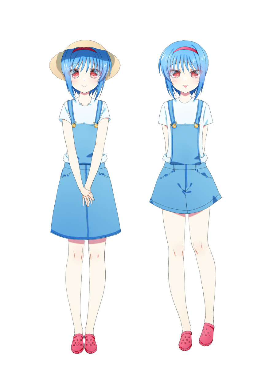 2girls :p absurdres alternate_costume alternate_eye_color arms_behind_back barefoot blue_hair blue_overalls blush casual closed_mouth commentary full_body hair_between_eyes hairband hat highres little_busters! looking_at_viewer multiple_girls natsuoto_rito nishizono_midori nishizono_mio overalls own_hands_together pink_footwear red_eyes red_hairband shirt short_hair short_sleeves side-by-side simple_background smile standing straight-on straw_hat tachi-e tongue tongue_out v_arms white_background white_shirt