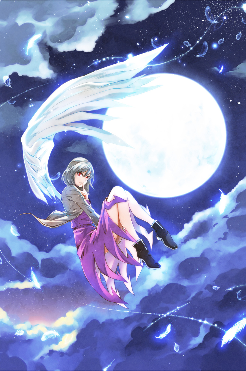 1girl absurdres angel_wings black_boots blue_moon blue_wings boots brown_jacket clouds dress feathers finger_to_mouth floating full_moon glowing glowing_feather glowing_wings grey_wings grin highres horizon kakao_(noise-111) kishin_sagume legs light_trail looking_afar moon night night_sky purple_dress red_eyes short_hair single_wing sky smile solo space star_(sky) starry_sky sunlight thighs touhou wings