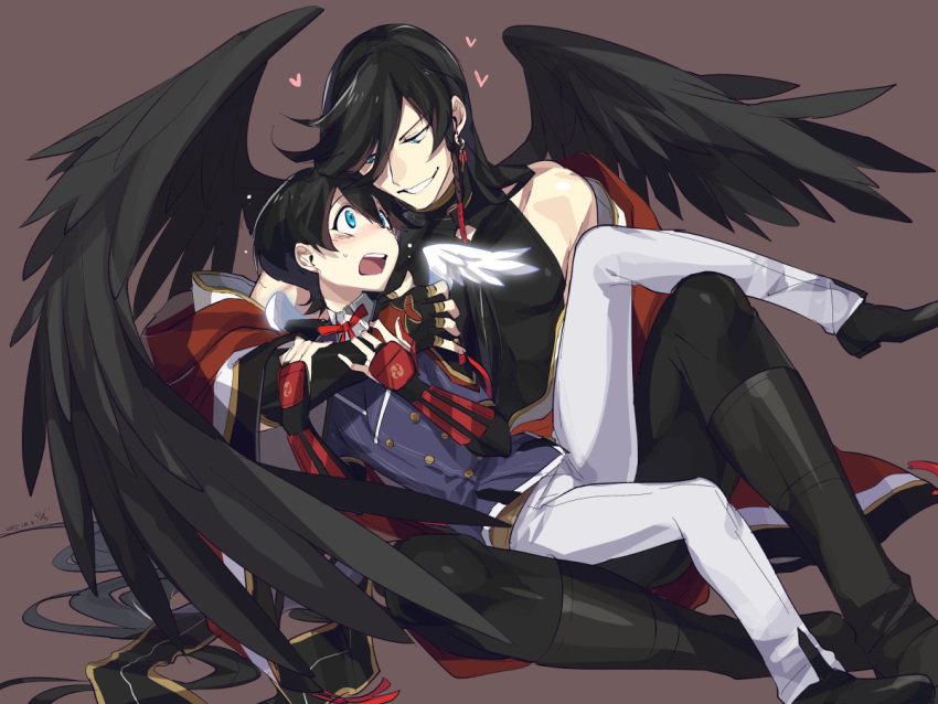 2boys black_hair blue_eyes blush braid earrings heart horikawa_kunihiro izumi-no-kami_kanesada japanese_clothes jewelry male_focus multiple_boys open_mouth ot-nm side_braid smile touken_ranbu wings yaoi