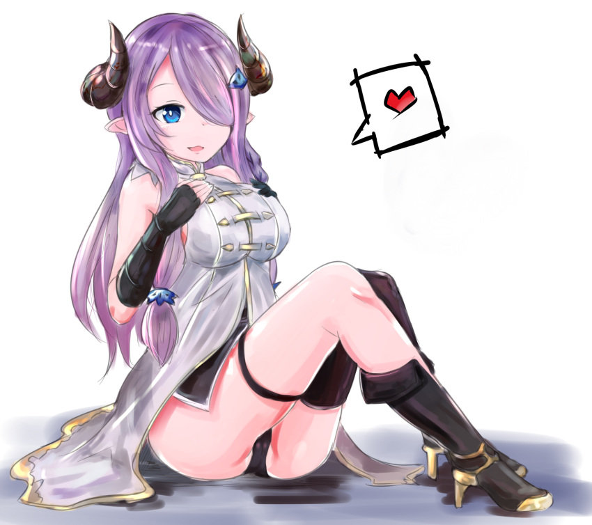 1girl bare_shoulders black_gloves black_panties blue_eyes breasts demon_horns elbow_gloves fingerless_gloves gloves granblue_fantasy hair_over_one_eye hands_on_own_chest heart highres horns lavender_hair long_hair narumeia_(granblue_fantasy) open_mouth panties pointy_ears rumiya9i simple_background single_thighhigh sitting smile solo thigh-highs underwear white_background