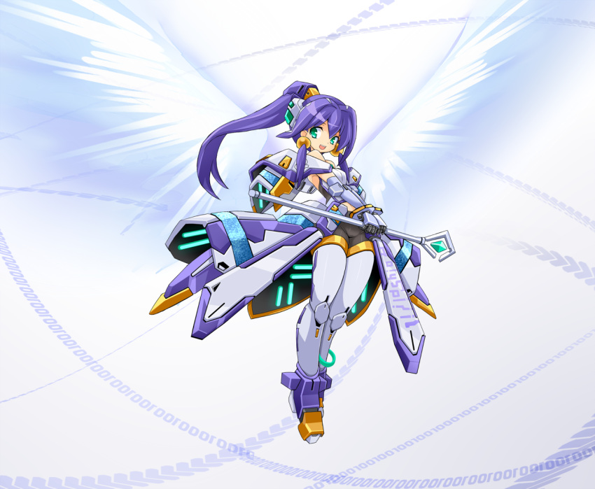 1girl angelan character_name green_eyes karukan_(monjya) mecha_musume personification ponytail purple_hair solo staff virtual_on wings