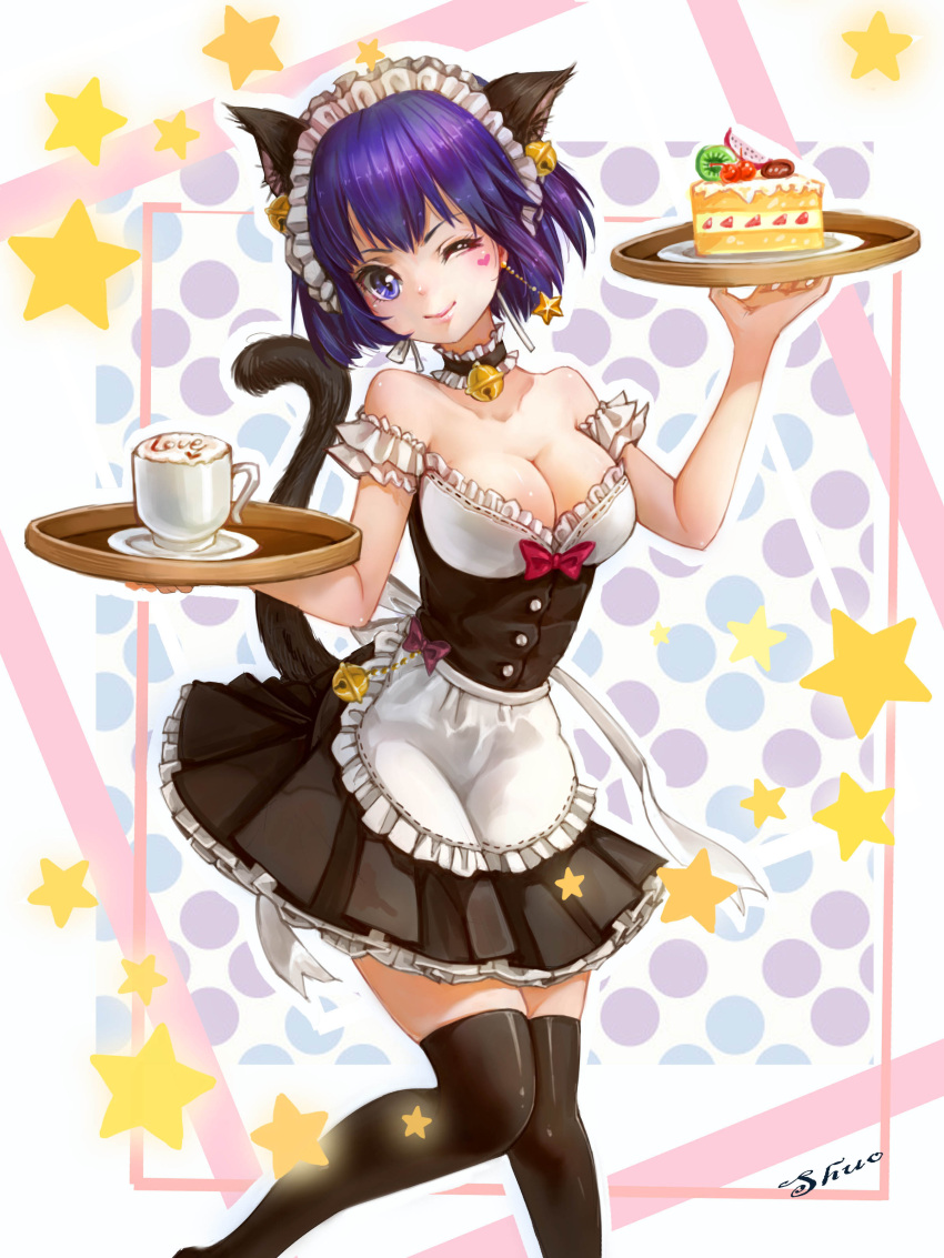 1girl absurdres animal_ears apron artist_name bell bell_collar black_legwear breasts cake cat_ears cat_girl cat_tail cleavage coffee collar collarbone cowboy_shot food heart highres knees_together_feet_apart looking_at_viewer maid maid_apron maid_headdress miniskirt one_eye_closed original purple_hair shuo_shuo signature simple_background skirt smile solo star tail thigh-highs tray violet_eyes white_background zettai_ryouiki