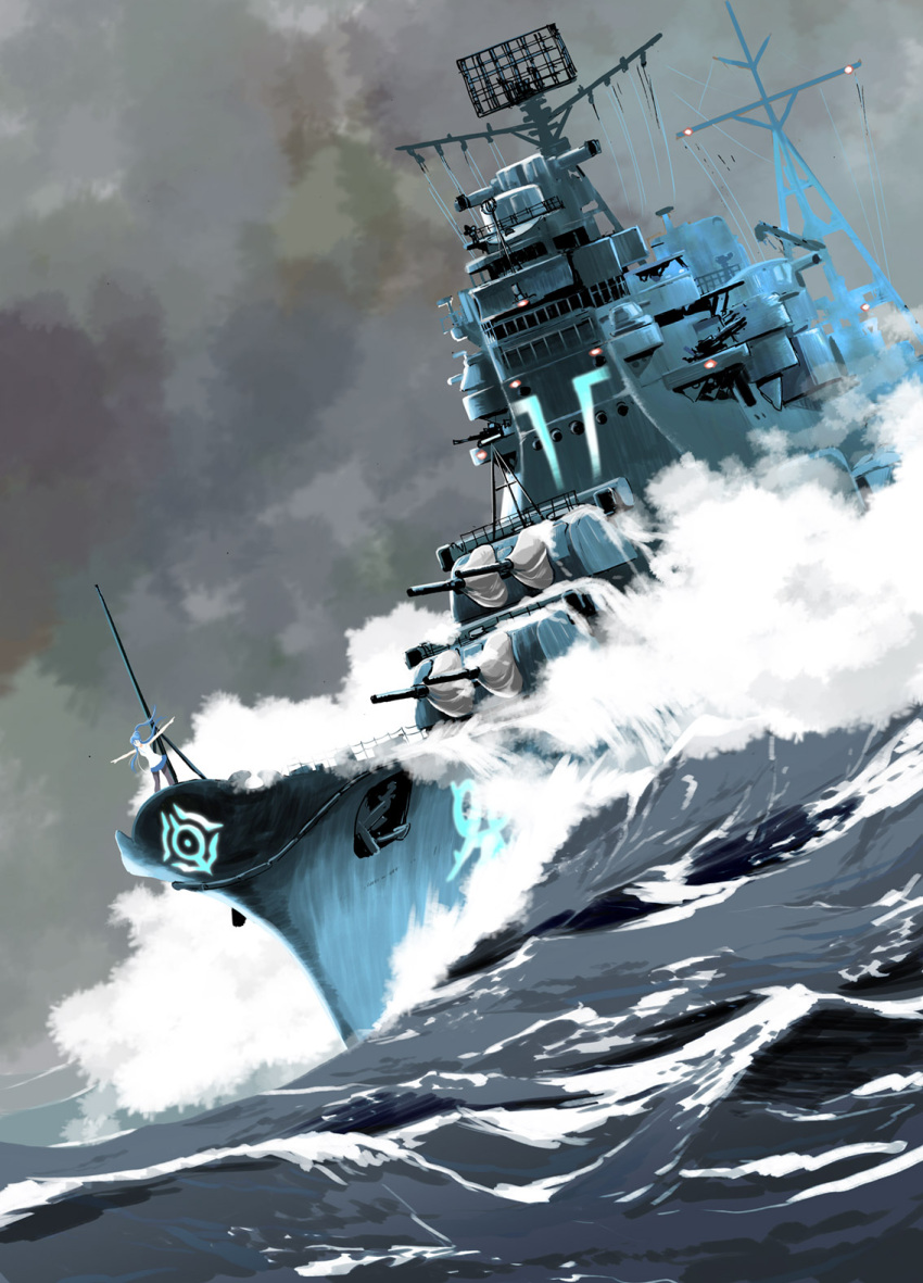 1girl aoki_hagane_no_arpeggio clouds commentary_request cruiser dutch_angle gun highres matsuda_juukou military ocean ship takao_(aoki_hagane_no_arpeggio) takao_(cruiser) warship water waves weapon