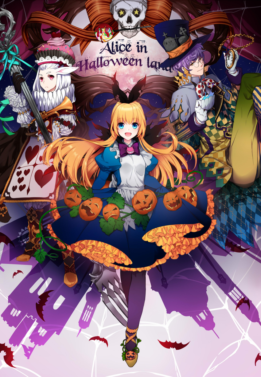 1girl 2boys :d absurdres alice_(wonderland) alice_in_wonderland apron bat blonde_hair blue_eyes boots building candy character_request clubs_(playing_card) crossed_legs cup cupcake diamond_(symbol) dress english frilled_apron frown glasses gloves grey_hair hair_ribbon halloween hat heart highres holding instrument jack-o'-lantern knee_boots lollipop long_hair mad_hatter mouse mouth_hold multiple_boys open_mouth pants pantyhose pink_eyes pocket_watch puffy_sleeves purple_hair purple_legwear ribbon rimless_glasses shoes silhouette skull smile spades_(playing_card) sprinkles star swirl_lollipop teacup tombstone top_hat trumpet very_long_hair vines watch whipped_cream white_gloves ycco_(estrella) yellow_eyes