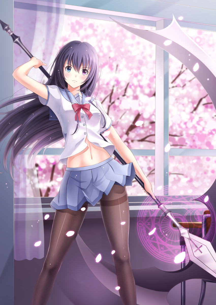 1girl absurdres ange_vierge bangs black_hair blue_eyes blue_skirt blush bow buttons cherry_blossoms contrapposto curtains frown groin heterochromia highres holding_weapon indoors legs_apart long_hair looking_at_viewer ltt_challenger magic_circle midriff miniskirt original pantyhose petals pleated_skirt polearm school_uniform serafuku serious shirt short_sleeves skirt solo standing thighband_pantyhose two-handed violet_eyes weapon white_shirt wind window