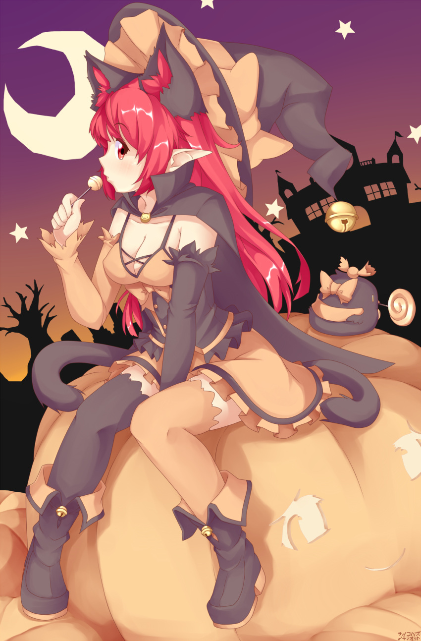 1girl animal_ears bell black_dress black_legwear boots breasts brown_dress brown_legwear candy cape cat_ears cat_tail cleavage detached_sleeves dress extra_ears halloween halloween_costume hat highres jack-o'-lantern kaenbyou_rin lollipop looking_at_viewer mismatched_legwear moon mouth_hold multicolored_dress multiple_tails pointy_ears psychopath_idiot redhead reiuji_utsuho reiuji_utsuho_(bird) revision sitting sitting_on_object star tail thigh-highs touhou witch_hat yukkuri_shiteitte_ne zettai_ryouiki